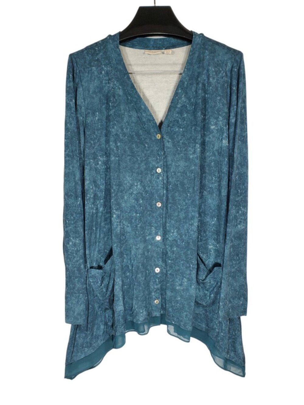 LOGO Lori Goldstein Printed Button Front Knit Cardigan Women's L Acid-Wash Teal
